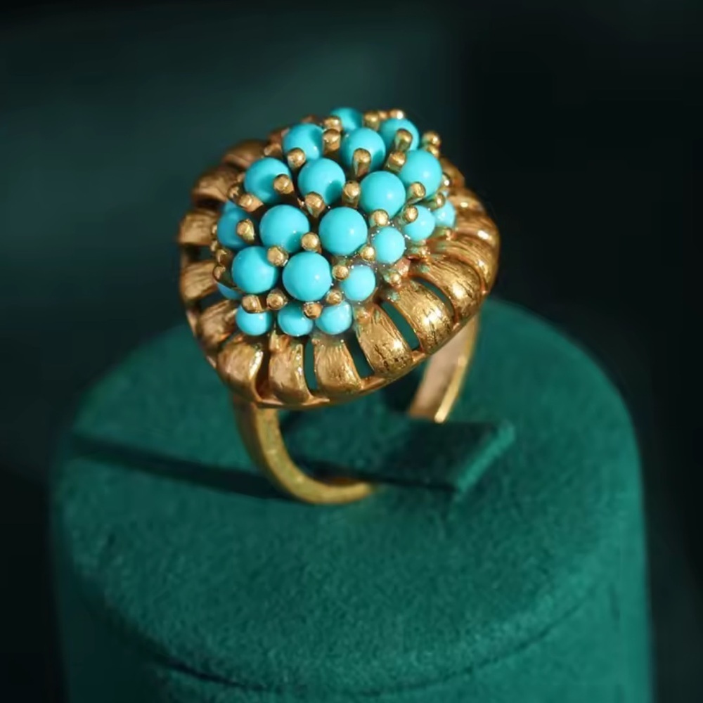 Golden Age Victorian Turquoise Treasure Antique Brass Masterpiece Ring - Picture 2 of 14